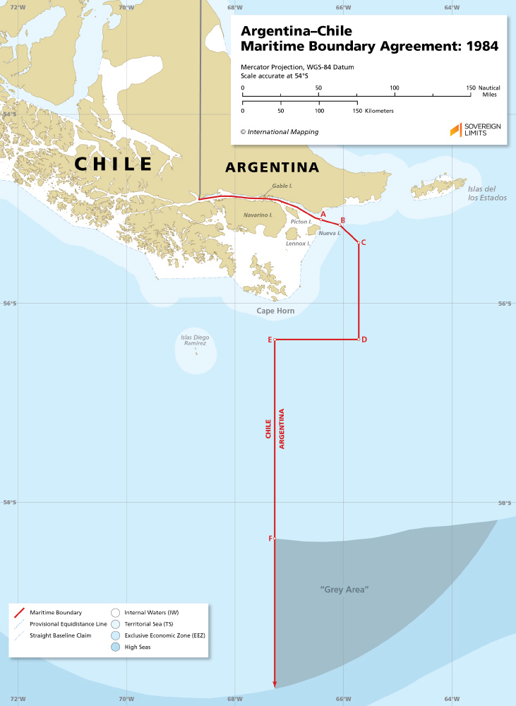 chart showing the maritime boundary between Argentina and Chile, with the list of geographical coordinates of points
