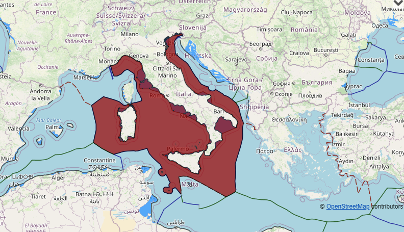Italy maritime claims about baselines, internal waters, territorial waters, exclusive economic zone and continental shelf(between former Yugoslavia, Tunisia, Greece, Albania and in Mediterranean sea, Adriatic sea, Ionian sea, tyrrhenian sea and Sardinia)