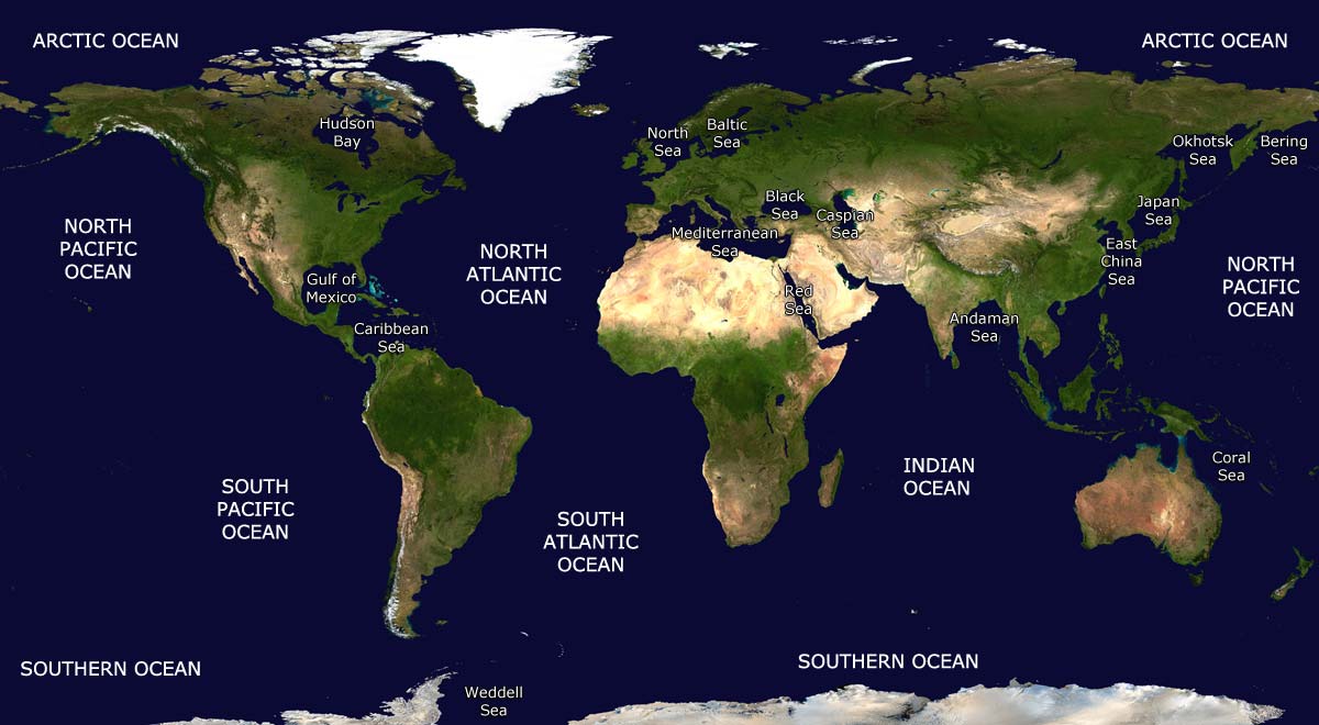 world map labeled seas