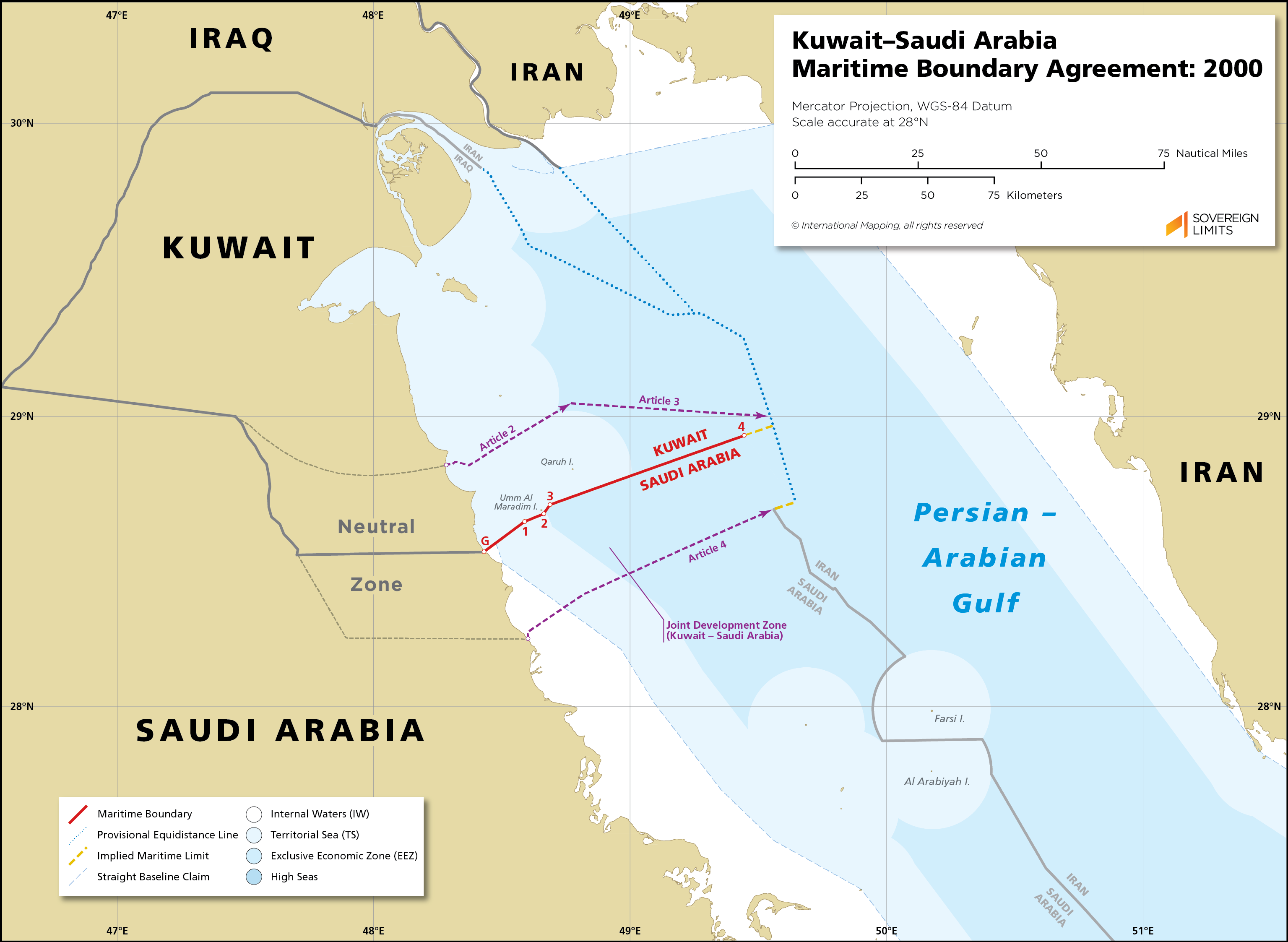 Kuwait maritime claims about baseline, territorial sea, exclusive economic zone and continental shelf