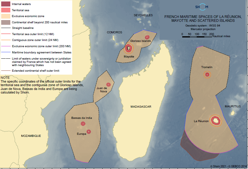 France maritime claims about outer limits of the exclusive economic zone of the Éparses Islands, Mayotte, Reunion Island and Tromelin Island, including lines of delimitation